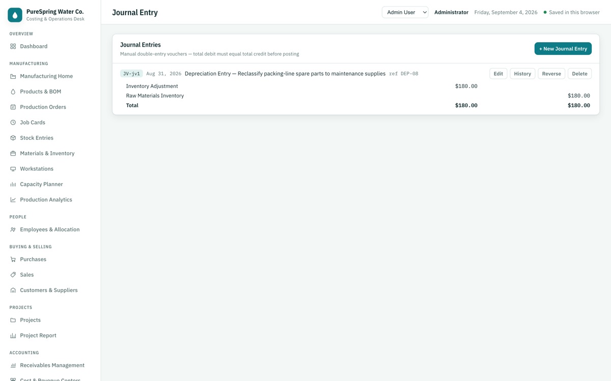 CostingERP — Journal entries