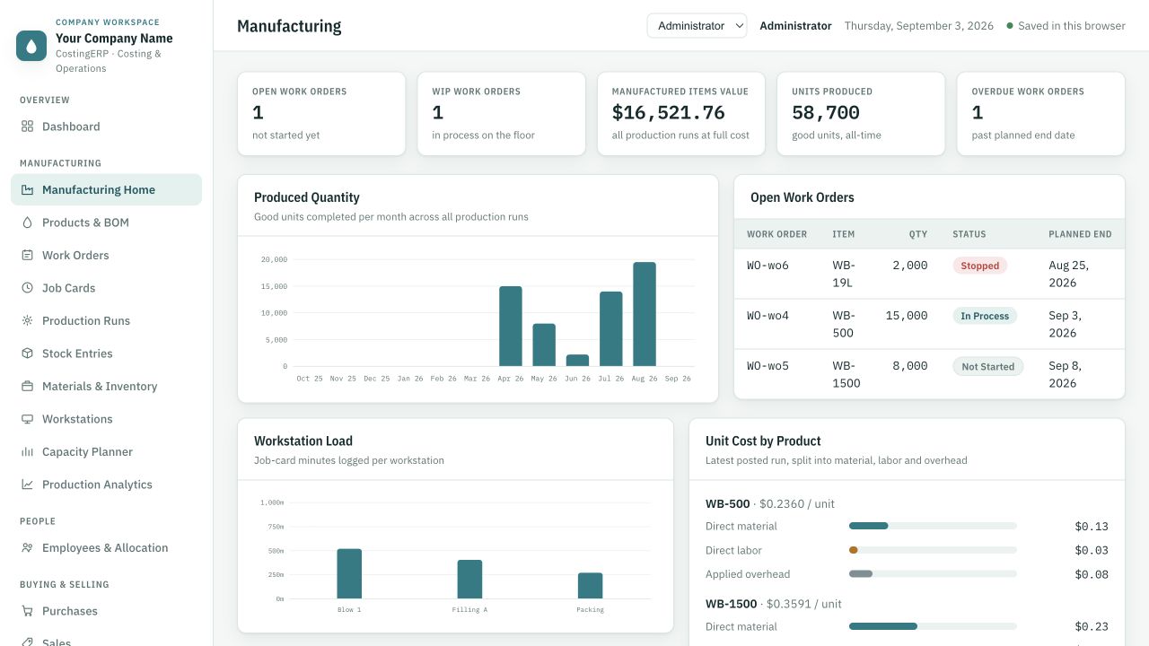 CostingERP manufacturing workspace